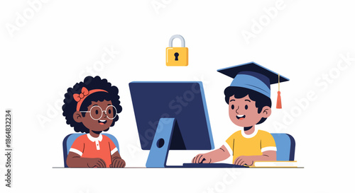 Two diverse children using a computer with a security lock icon above, one wearing a graduation cap on a white background with educational and technological elements.