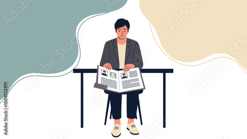 Young man reading a magazine while sitting at a desk in a modern indoor setting