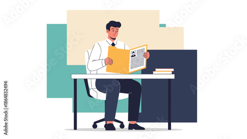 Professional young man reading a resume or report at modern workspace with desk and books in a