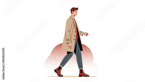 Stylish man walking outdoors in autumn fashion with a beige coat and boots