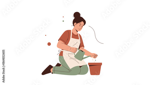 Woman in casual attire planting a seedling in a flower pot with a happy demeanor and an apron on a