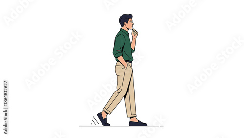 Contemplative young man walking with a thoughtful expression in casual attire