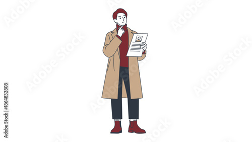 illustration of a woman reading a document with a thoughtful expression and stylish coat