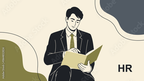 professional man reading a document in formal office attire with HR text