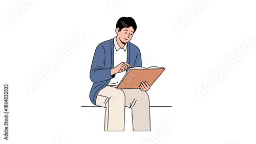 Illustration of a young man sitting and reading a book with a focused expression