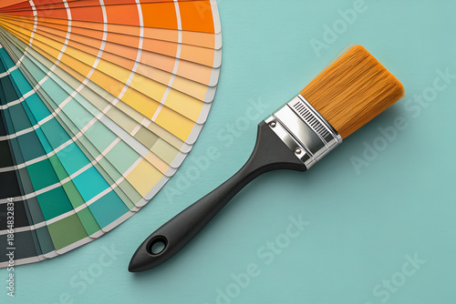 Pędzel malarski i wzornik kolorów na turkusowym tle – wybór farby, remont wnętrz i projektowanie kolorystyki