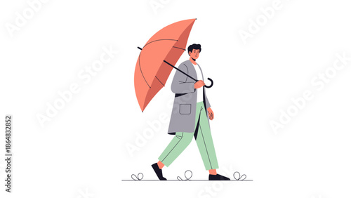 Stylish young man walking with an umbrella on a rainy day wearing trendy clothing and a confident