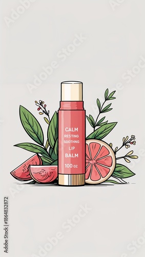 Calm resting soothing lip balm in cartoon illustration on plain white background