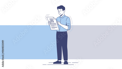 Businessman Reading Digital News on Tablet in Modern Office Environment