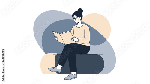Casual Woman Reading a Book While Sitting on a Modern Pouf in a Minimalist Style