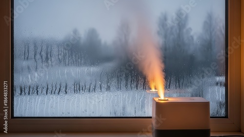 Cozy winter scene: humidifier and frosted window creating a warm atmosphere