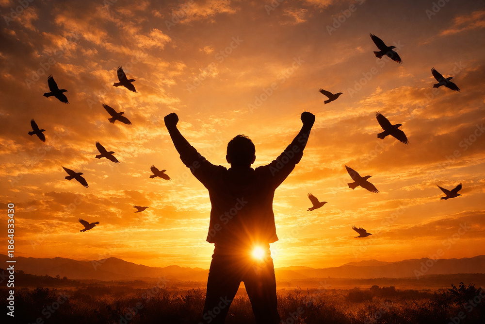 Fototapeta premium Silhouette of Person with Arms Raised in Victory at Golden Sunset with Flying Birds
