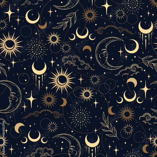 Magic vector seamless pattern with moon, plants. Mystical esoteric background for design of fabric, packaging, astrology, phone case, wrapping paper.