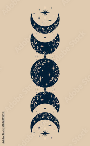 Mystical drawing of the moon phases, tarot cards, boho illustration, magic card. Vector hand drawing
