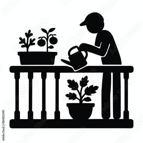 Urban Balcony Gardening Silhouette Icon – Sustainable City Living