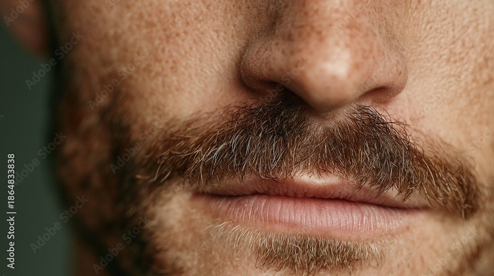 Obraz premium Close up of male lips with mustache and stubble, natural skin texture, masculine appearance, minimalism and portrait details 