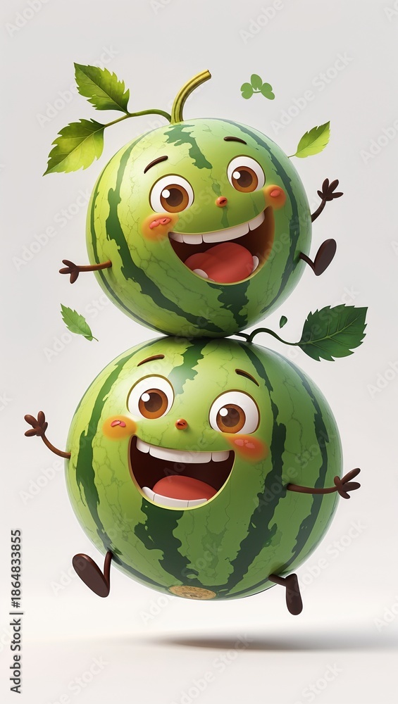 Fototapeta premium Silly bouncing round melon fruit cartoon illustration on plawhite background