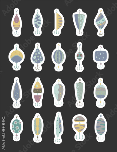 Fishing bait set in scandinavian style lure hook featuring objects designed angling equipment usage water sport on the environment and recreation elements angler