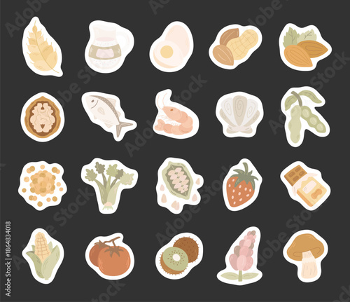 Food allergen set in scandinavian style featuring common allergenic ingredients including dairy nuts seafood grains fruits vegetables for everyday nutrition communication