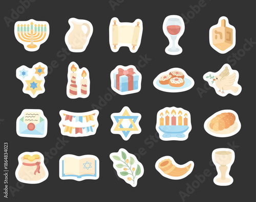 Traditional Hanukkah celebration set in scandinavian style featuring jewish holiday symbols dreidel, torah scroll, kiddush cup, sufganiyot, gift, shofar, challah, garland