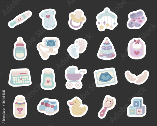 Pregnancy maternity newborn essentials set in scandinavian style featuring baby care items nursery parenthood timeline toys feeding hygiene mobility ultrasound