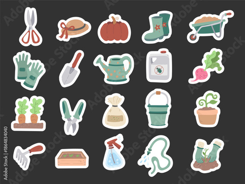 Garden set in scandinavian style, tools and planting equipment for cultivating vegetables and maintaining activities with various helpful items designed for everyday work and for your projects