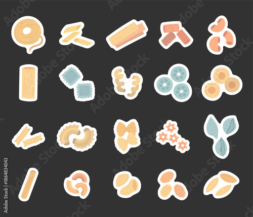 Pasta food set in scandinavian style featuring spaghetti penne lasagne rigatoni gobbetti cannelloni ravioli cavatappi rotelle anelli fusilli farfalle conchiglie orzo