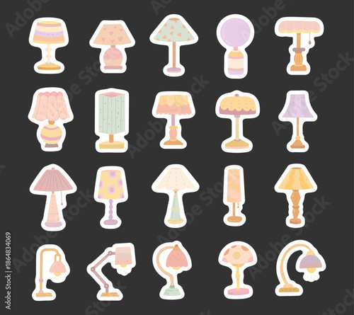 Lamp set in scandinavian style with various interior table and desk lighting forms for cozy interior decoration projects and warm home illustration design needs purposes