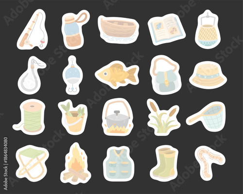 Fishing equipment set in scandinavian style featuring rod bottle boat book net hook float fish backpack hat reel bucket campfire