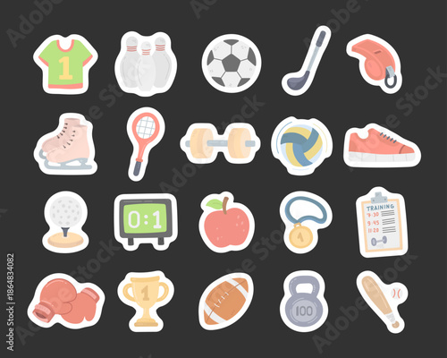 Sport equipment training objects set in scandinavian style featuring balls shoe weights rackets trophies medals uniforms tools nutrition awards schedule scoreboard