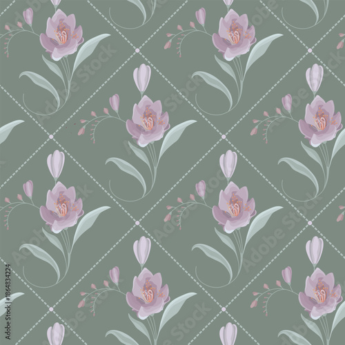 An elegant floral composition featuring stylized freesia blossoms arranged over a subtle diamond lattice background. Soft lavender petals with warm golden stamens contrast beautifully against the mute