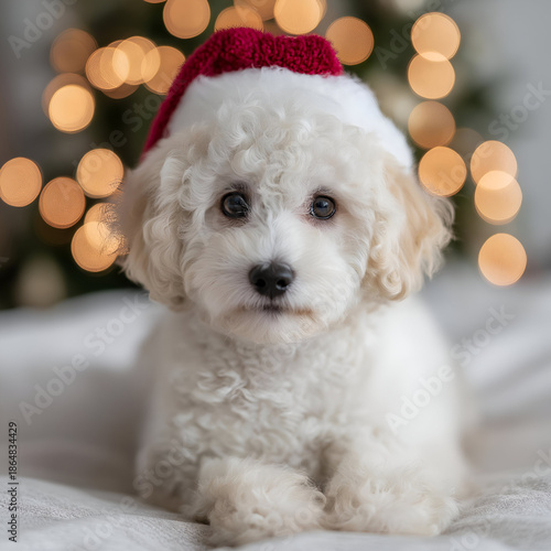 Adorable puppy wearing a Christmas hat, sitting cozy with soft bokeh lights, perfect for festive pet themes and seasonal promotions.