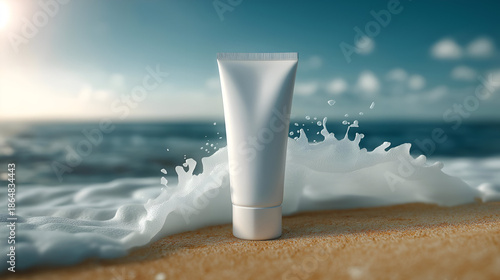 A white tube of cream sits on a sandy beach with ocean waves splashing around it, capturing a moment of summer relaxation.