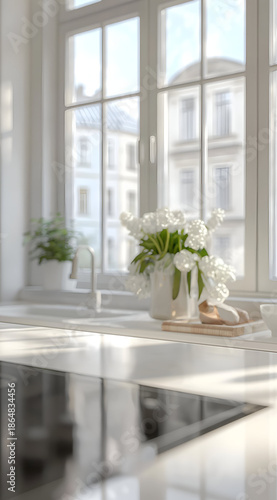 Bright and airy kitchen scene showcasing a beautiful flower arrangement on a counter, evoking a sense of calm and serenity.