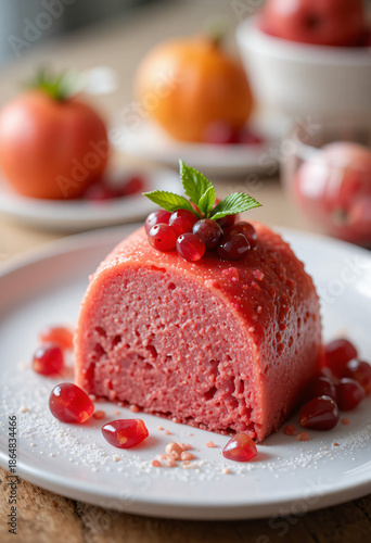 Delicious gourmet slice of fresh strawberry cheesecake with chocolate drizzle and berries on a white plate