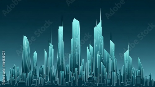 Futuristic cityscape with sleek skyscrapers and modern architecture at dusk or dawn, urban landscape with blue and green hues, business and technology concept