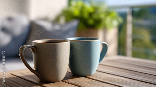 Couple coffee mugs on balcony