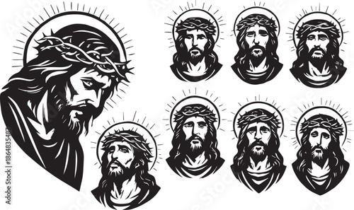Jesus with Crown of Thorns and Stylized Portraits in MonoPrint