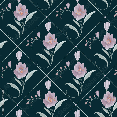 An elegant floral composition featuring stylized freesia blossoms arranged over a subtle diamond lattice background. Soft lavender petals with warm golden stamens contrast beautifully against the mute