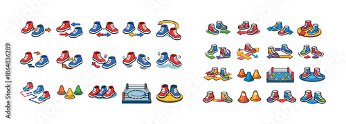 Colorful shoe icons illustrating various dance steps and exercises
