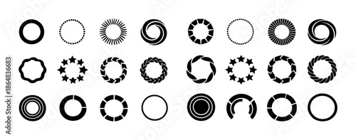 Collection of geometric circle designs and abstract patterns in black and white