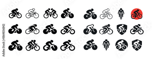 Cycling icons set: varied bicycle riders in black and white silhouettes