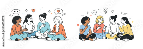 Diverse group of women engaging in friendly conversation and sharing ideas