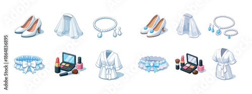 Wedding accessories collection: shoes, veils, jewelry, makeup, robes, garter