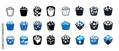Collection of ice cube icons in various styles and colors