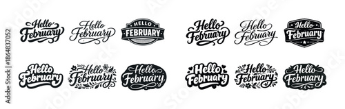 Set of eight elegant 'hello february' typography designs in black and white