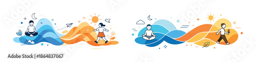 Mindfulness and nature connection illustration with meditating individuals