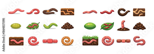 Cartoon earthworms and soil elements collection on white background