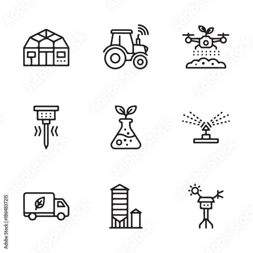 Agricultural Innovations: Illustrated set of agricultural tools and technologies designed to enhance farming, including smart tractors, drones, and more.