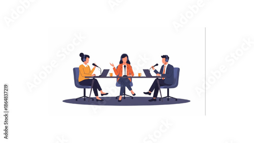 podcast hosts recording show with microphones flat vector